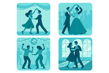 Elegant couples dance at a festive event celebrating music and joy in beautifully decorated surroundings