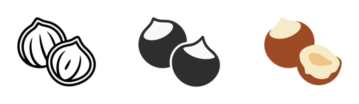 Three hazelnuts in different styles line black and colored white