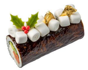 Unconventional Christmas Sushi Log with Marshmallows and Holly, isolated on white background.