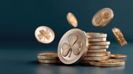 Green clover leaf with golden coins and casino cards flying around creates a lively scene in bright colors and detailed design reminiscent of animation