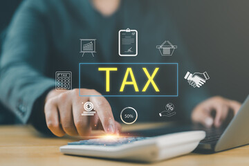 Person calculating tax with a calculator and finance icons, representing accounting, payments, deductions, tax management, budget control, and professional financial analysis.