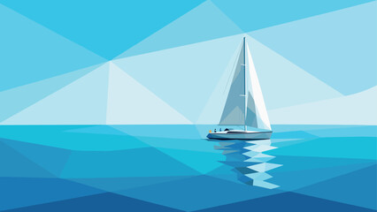 Obraz premium Geometric sailboat on tranquil blue sea with abstract polygonal sky