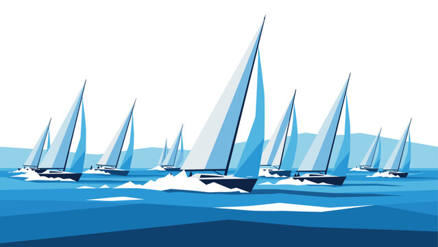 Racing sailboats in ocean waves with minimalist blue tones