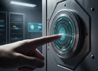 Close Up Of A Human Finger Touching A Futuristic Biometric Fingerprint Scanner With Glowing Blue Digital Display And Server Room Background