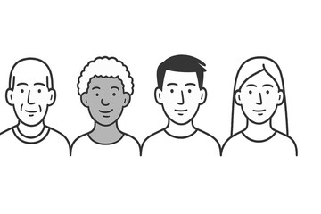 Fototapeta premium Simple line art portraits showing a diverse group of four smiling people