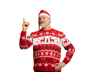 Merry mature man wear knitted christmas sweater Santa hat presenting something on transparent background. New year shopping idea concept. New Year 2026 Christmas