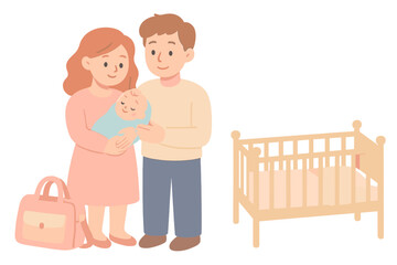 Happy parents holding their newborn baby next to a wooden crib and diaper bag after hospital discharge
