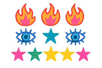 Colorful set of stylized fire flames, evil eyes, and stars with crayon texture