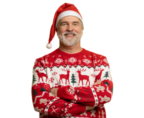 Merry satisfied smiling mature man wear knitted christmas sweater Santa hat posing on isolated transparent background. Happy New Year 2026 celebration holiday concept