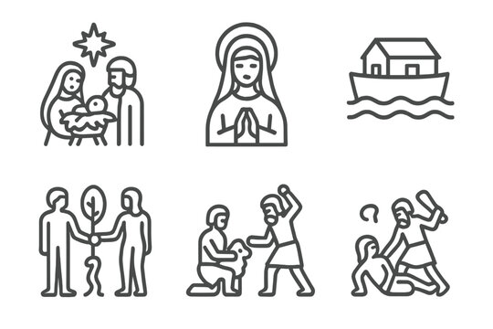 Outline symbols depicting major events and characters from the Bible and Christianity