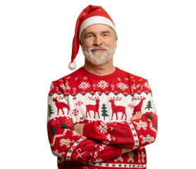 Merry satisfied smiling mature man wear knitted christmas sweater Santa hat posing on isolated transparent background. Happy New Year 2026 celebration holiday concept