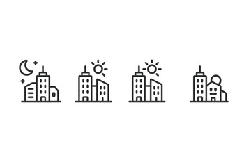 Simple outline symbols depicting modern city skyline, urban architecture, sun, and moon variations