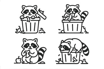 Four cute raccoons interacting with garbage cans and eating discarded food scraps