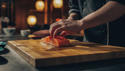 Chef slicing raw salmon fillet on a wooden board in a Japanese restaurant kitchen, preparing sashimi with expert knife technique.