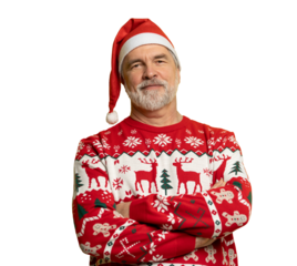 Merry satisfied smiling mature man wear knitted christmas sweater Santa hat posing on isolated transparent background. Happy New Year 2026 celebration holiday concept