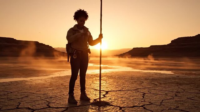 Traveler walks across desert at sunset with staff. Explorer stands on cracked ground during sunrise. Desert hiker with backpack crosses arid landscape. Sunset silhouette in desert terrain.