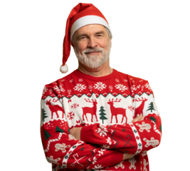 Merry satisfied smiling mature man wear knitted christmas sweater Santa hat posing on isolated transparent background. Happy New Year 2026 celebration holiday concept