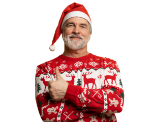 Merry satisfied smiling mature man wear knitted christmas sweater Santa hat posing showing thumb up like gesture wink isolated on transparent background Happy New Year 2026 celebration holiday concept