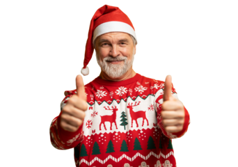 Merry satisfied smiling mature man wear knitted christmas sweater Santa hat posing showing thumb up like gesture wink isolated on transparent background Happy New Year 2026 celebration holiday concept