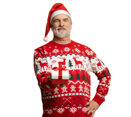 Merry mature man wear red warm knitted sweater Santa hat posing hold present box with gift ribbon bow isolated on transparent background New Year 2026 holiday concept