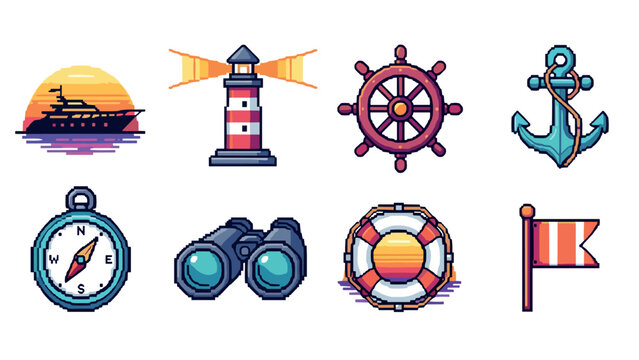Nautical pixel art collection: lighthouse, anchor, compass, and more