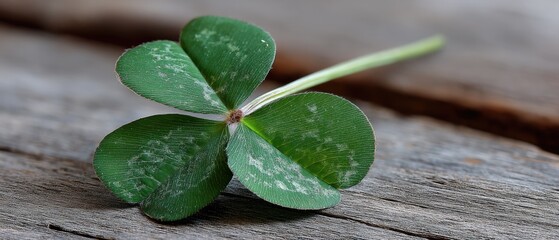 Four-leaf clover on old wooden table under sunlight symbolizing good fortune for St. Patrick's Day