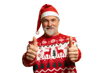 Merry satisfied smiling mature man wear knitted christmas sweater Santa hat posing showing thumb up like gesture wink isolated on transparent background Happy New Year 2026 celebration holiday concept