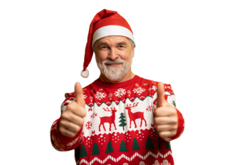 Merry satisfied smiling mature man wear knitted christmas sweater Santa hat posing showing thumb up like gesture wink isolated on transparent background Happy New Year 2026 celebration holiday concept
