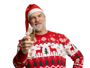 Merry mature man wear knitted christmas sweater Santa hat posing, hold glass with champagne look camera isolated on transparent background. Happy New Year 2026 Christmas celebration holiday concept
