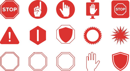 Assortment of Red Warning and Prohibition Symbols and Icons stop sign warning sign