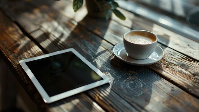A wooden table with a coffee cup and an tablet on it, in soft light.