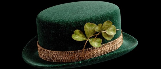 3d rendering of st. patrick's day hat with four-leaf clover on black background for festive celebration and decoration