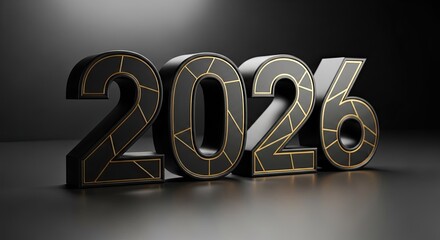 Elegant 2026 New Year Illustration in Black and Gold on Dark Background
