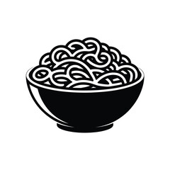 A simple black and white illustration of noodles in a rounded bowl