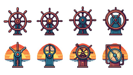 Retro pixel art nautical helm designs with sunset backgrounds