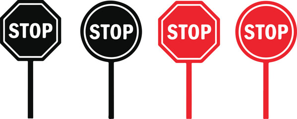 Four Stop Signs Black and Red Octagonal and Circular Shapes traffic sign road sign