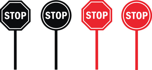Four Stop Signs Black and Red Octagonal and Circular Shapes traffic sign