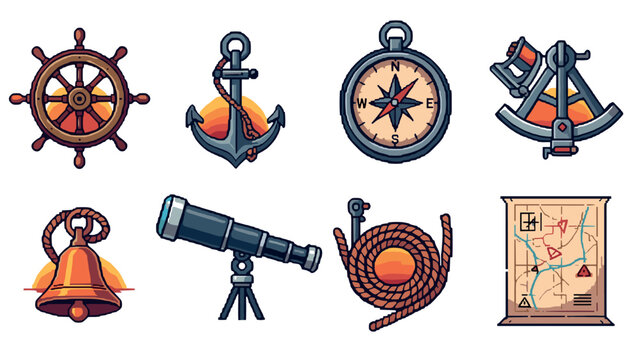 Retro nautical icons set: anchor, compass, telescope, and map in pixel art style