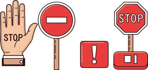 Hand with stop sign, prohibition sign, exclamation mark and stop sign on pole traffic