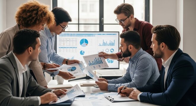 Diverse business team analyzing charts and graphs at modern office conference table. - Powered by Adobe