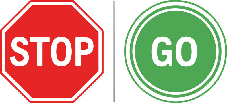 Red stop sign and green go sign on white background Keywords: stop sign, go sign, red sign, green sign, octagonal sign, circular sign, traffic