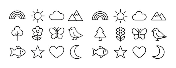 Minimalist nature-themed line icons: sun, cloud, mountain, tree,