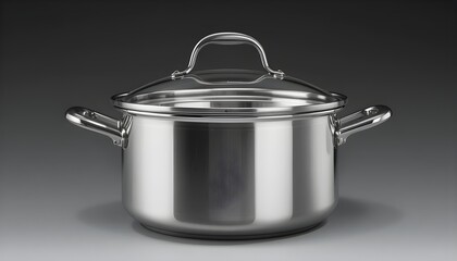 Perfect for PNG use, a shining stainless steel cooking pot with a clear glass lid is isolated on a clear background.
