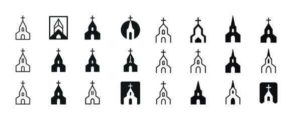 Set of church icons: diverse styles and symbols of christian arc