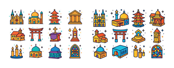 Colorful religious building icons: churches, mosques, temples, p