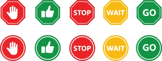 Set of traffic control signs with stop wait and go symbols Keywords: stop sign, wait sign, go sign, hand stop, thumbs up, red sign, yellow sign