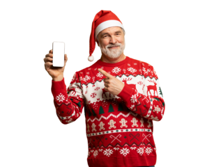Joyful mature man holding smartphone with empty screen, posing in Christmas sweater and Santa hat on transparent background. Winter holiday promotions. New Year 2026 Christmas
