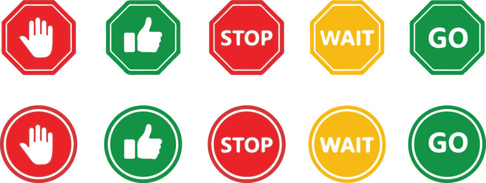 Set of traffic control signs with stop wait and go symbols Keywords: stop sign, wait sign, go sign, hand stop, thumbs up, red sign, yellow sign