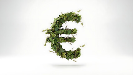 Green euro symbol crafted from lush foliage, symbolizing ecological finance and sustainable growth.