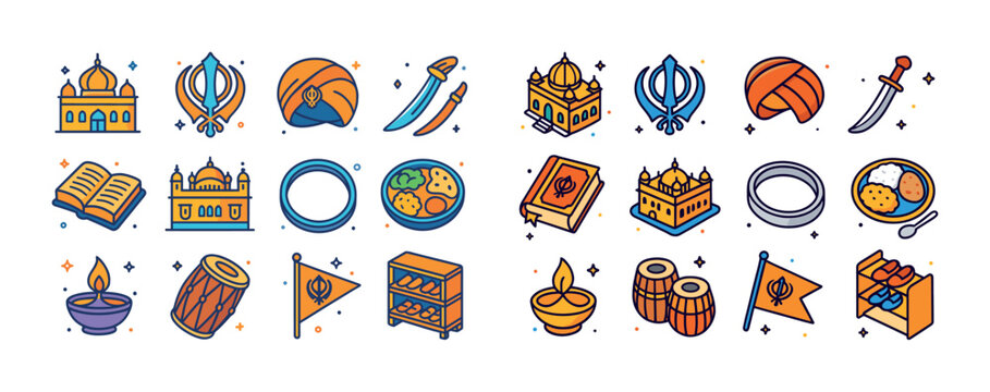 Colorful sikh symbols and traditions icons set with temples, tur